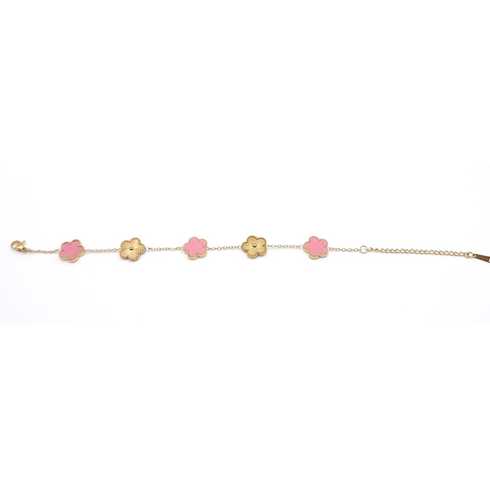 Gold Plated Pink Clover Bracelet Womens Stainless Steel Adjustable Lucky Jewelry